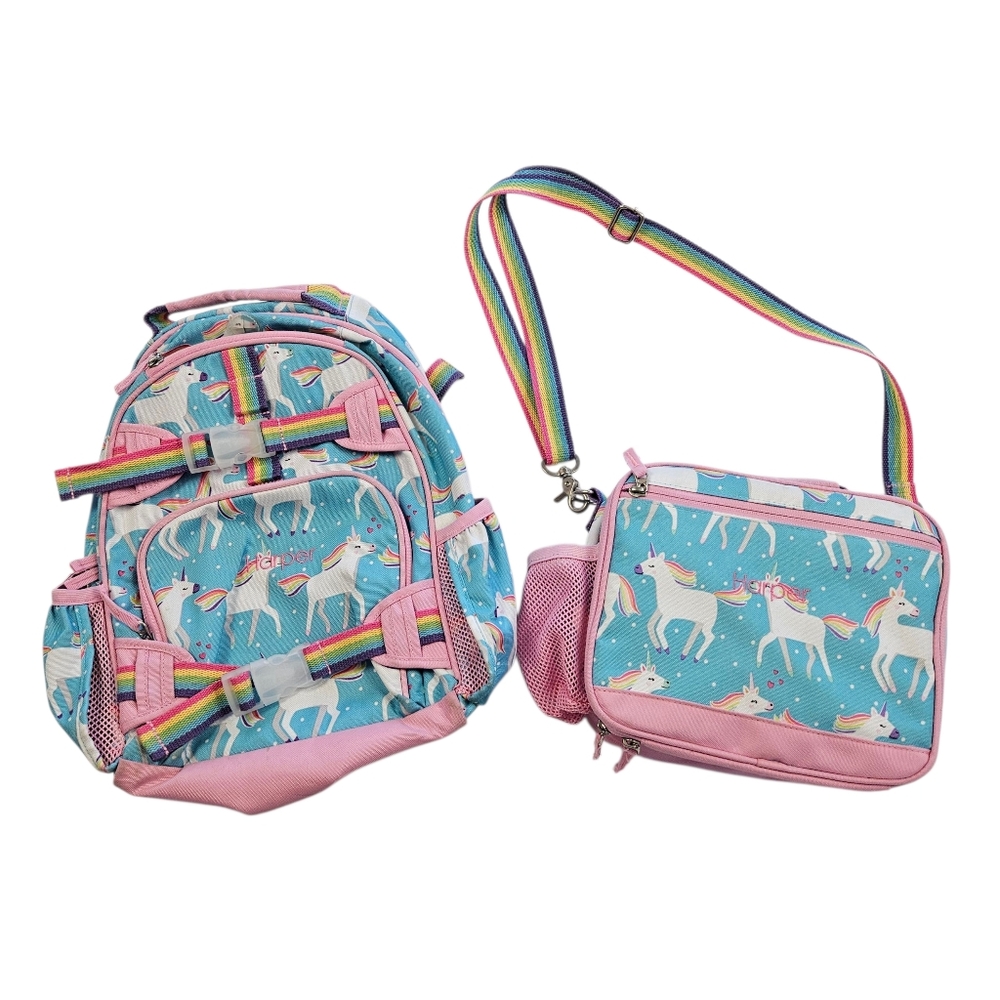 PBK Mackenzie Backpack & Lunchbox Aqua Unicorn Harper Monogram Good Condition